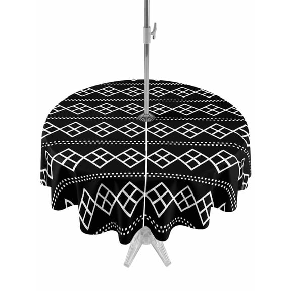 Outdoor Tablecloth with Umbrella Hole for Patio/Picnic/Party/Camping, Black Boho Waterproof Table Cloth Round Cover Washable, Vintage Ethnic Tribe Abstract Art Geometric (Dia 60")