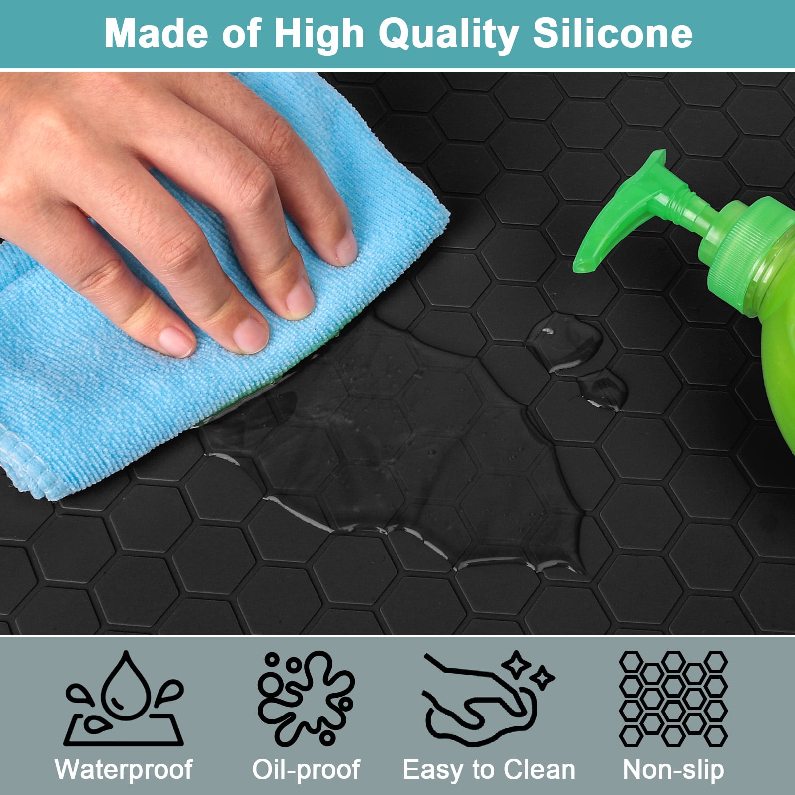 Waterproof Silicone Under Sink Mat with Lip for Kitchen and Bathroom, Under Kitchen Sink Mats and Protectors for 34" x 22" Cabinets, Under Sink Tray Organizer, Shelf Liners Cabinet Liner, Black