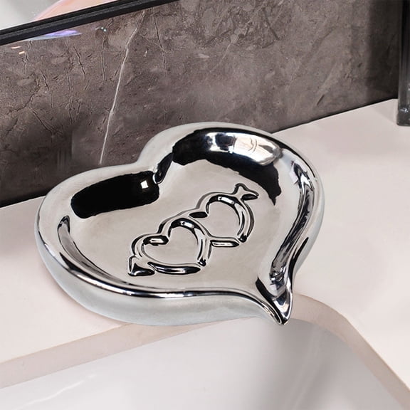 Taotanxi Valentine's Day Heart-Shaped Ceramic Soap Dish, Household Soap Dish, Non-Water-Stacking, Draining Countertop Soap Holder, Silver.