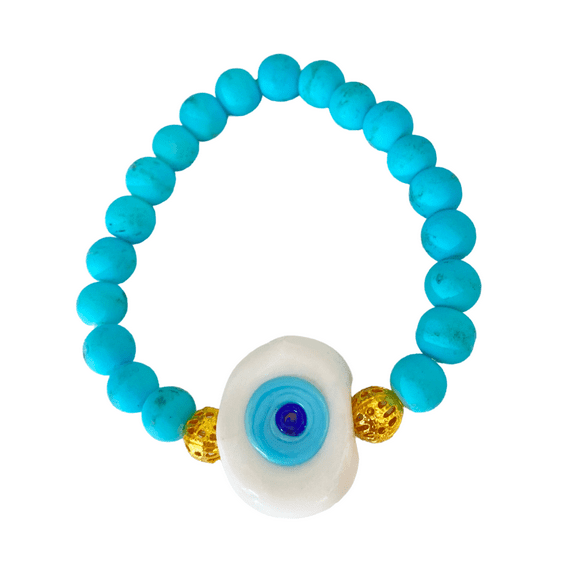 Evil Eye Large Glass Bead Stretch Bracelet for Women Light Blue Wristlet Gold Details