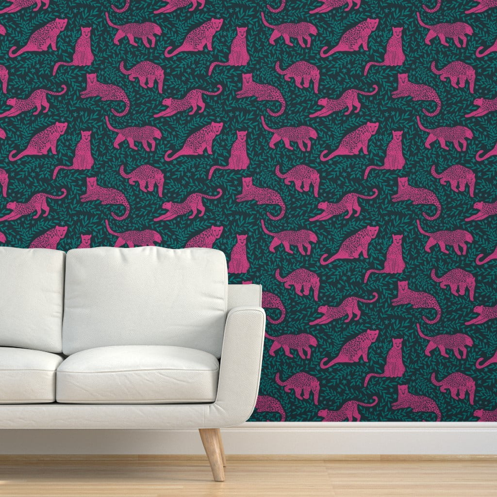 Peel ＆ Stick Wallpaper 3ft x 2ft Jungle Cat Dark Teal Pink Leopard Jaguar  Jewel Tone Custom Removable Wallpaper by Spoonflower 
