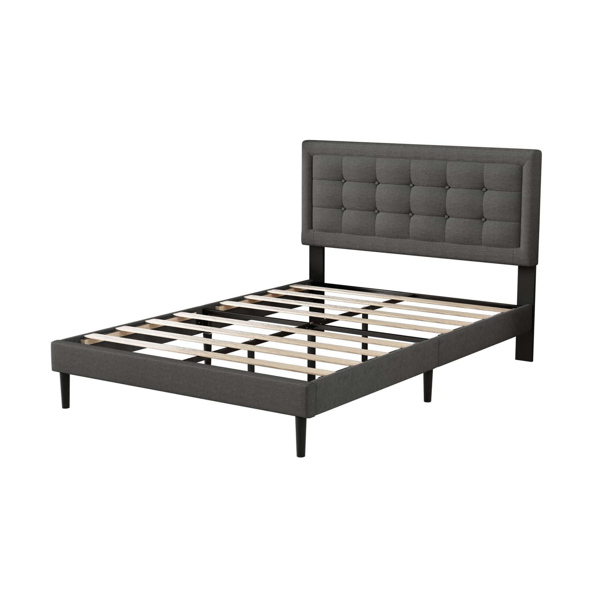 Unizone Full Size Bed Frame with Upholstered Headboard, Modern Tufting Style, Dark Gray