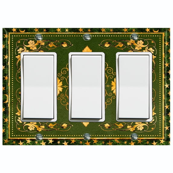 Metal Light Switch Plate Cover Elegant Starry Night Yellow Leaf Damask Green Frame FRA023
