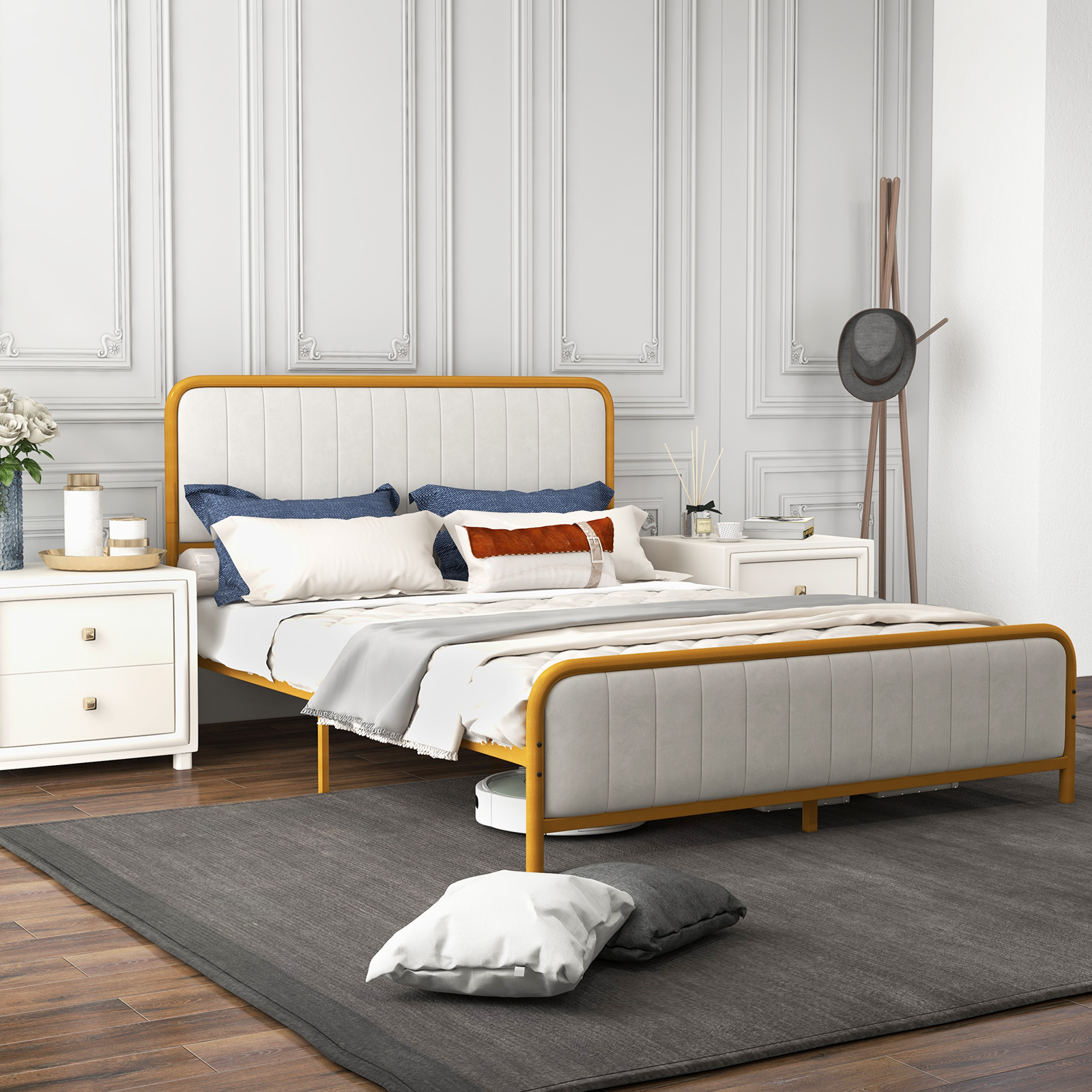 Infans Queen Gold Metal Bed Frame Upholstered Platform Bed with Velvet Headboard