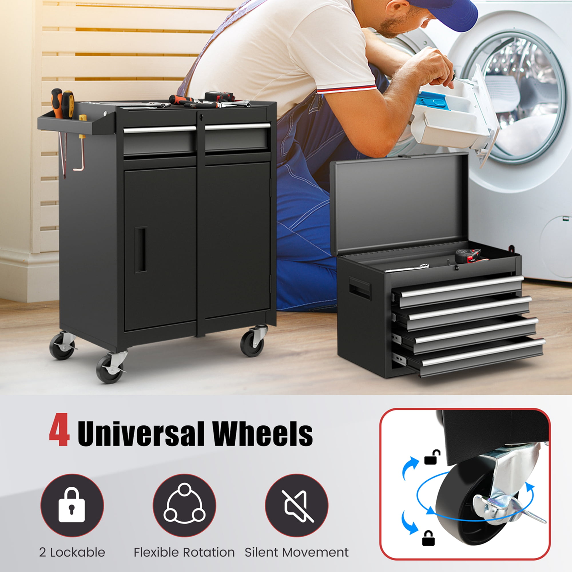 Costway 5-Drawer Rolling Tool Chest Cabinet Metal Tool Storage Box Lockable with Wheels Black