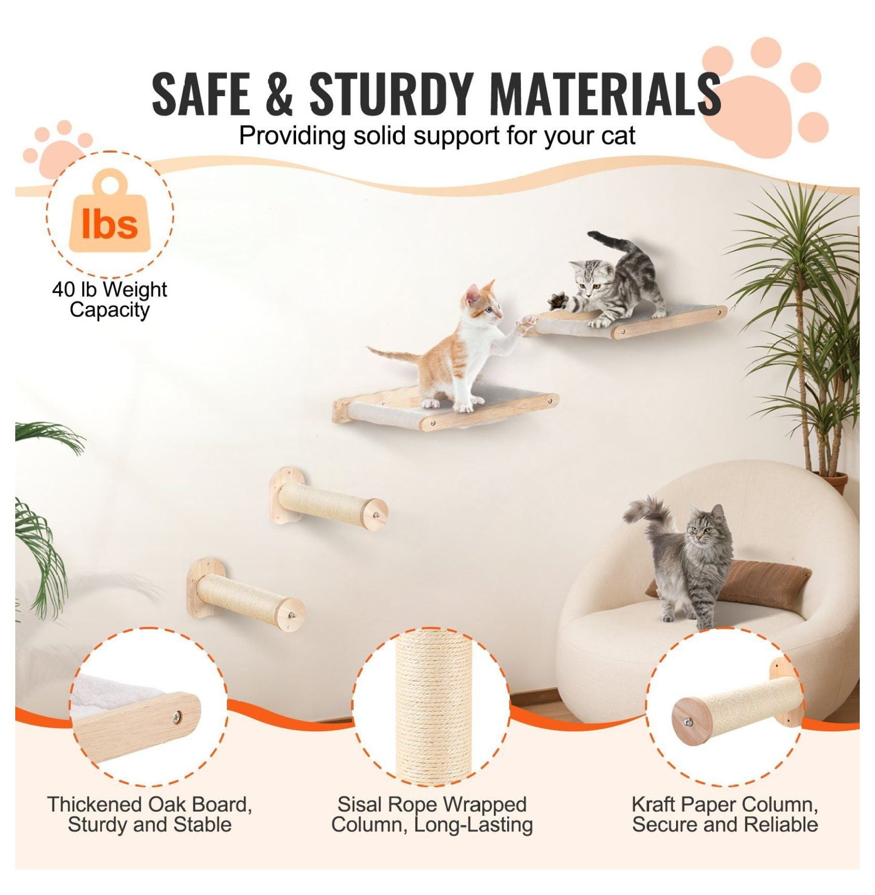 Wall Mounted Cat Shelves, Cat Wall Furniture with 2 Hammocks & Posts