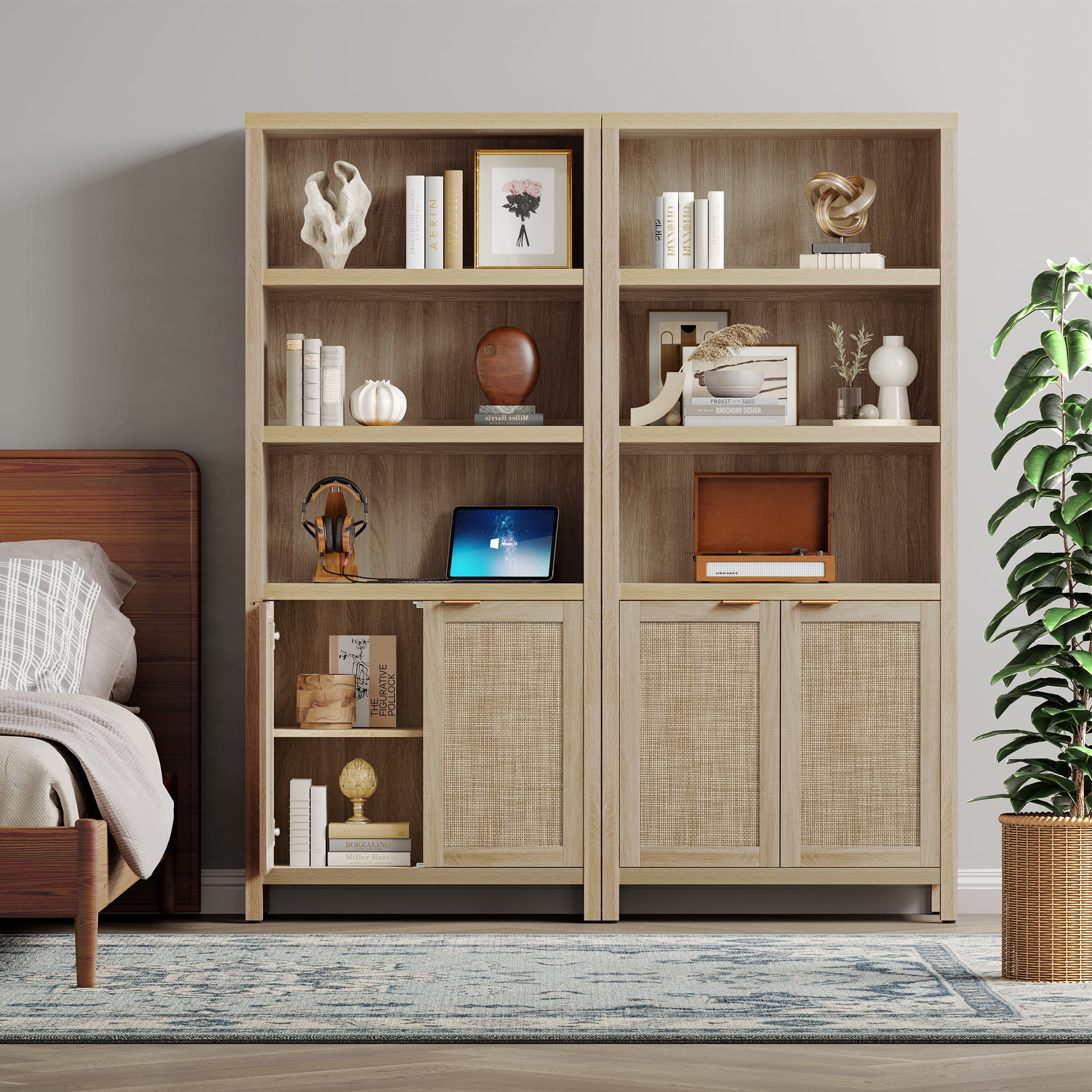 SICOTAS Rattan 5 Tier Bookcase Set, Natural 5 Shelf Library Bookcase for Home Office