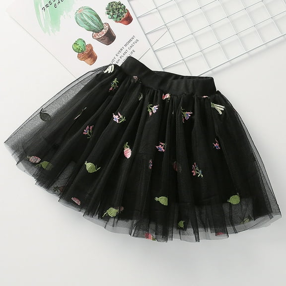 IROINNID Mini Tutu Skirt For Toddler Girls Cute Party Dance Solid Color Net Yarn Crimping Flowers Embroidery Tulle Skirt, Black