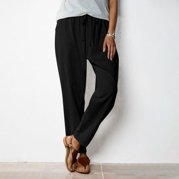 Yotami Summer Linen Pants for Women Straight Leg High Waisted Loose Fit Pants with Pocket Drawstring Solid Color Ankle Length Pant for Everyday, Black L