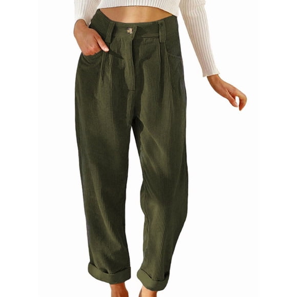 Pantalones Casuales de Cintura Alta y Pierna Recta para Mujer, Holgados y Cómodos, con Bolsillos Verde M