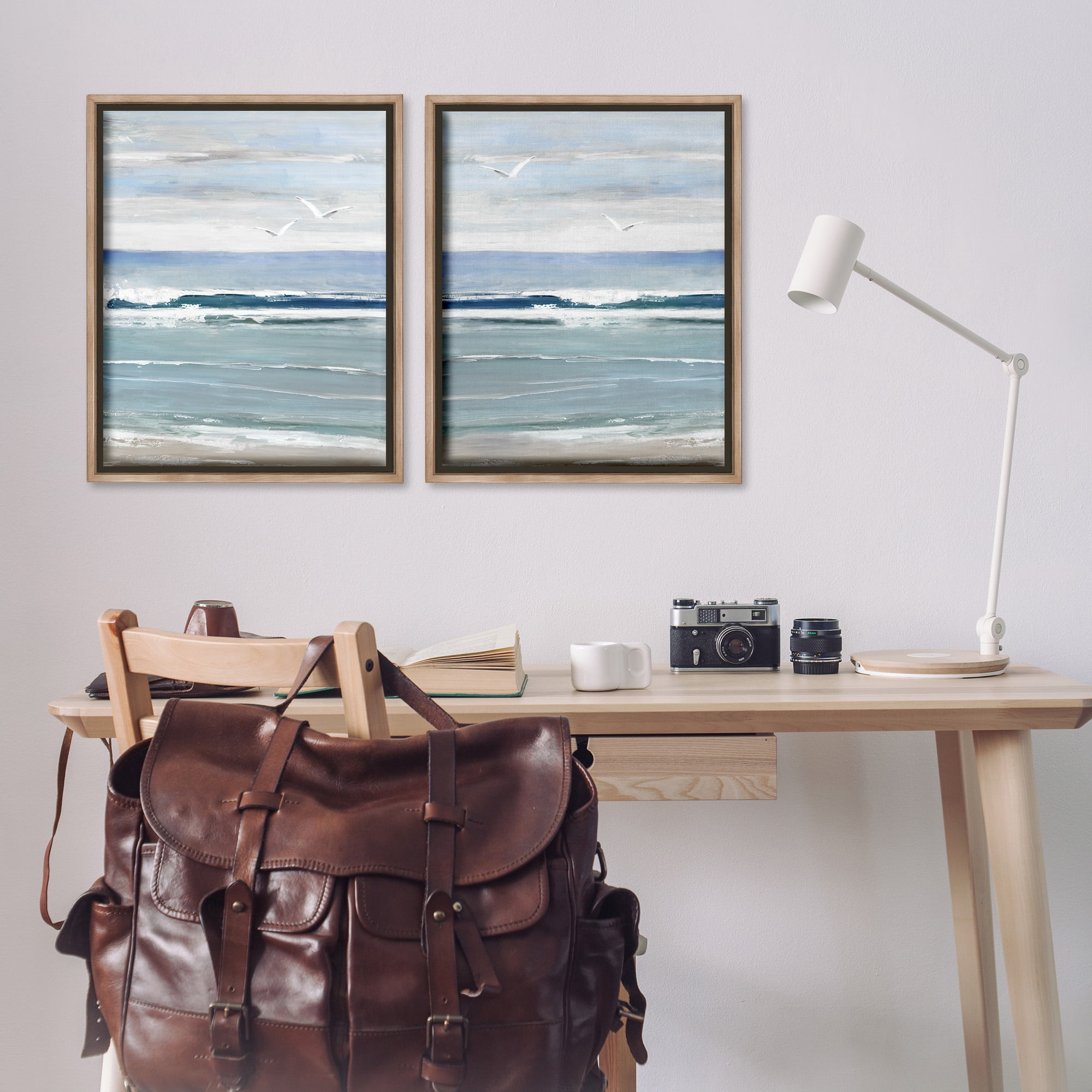 Stupell Industries Seagulls over Beach Waves Landscape Painting Brown Floater Framed Canvas Art Print Wall Art, 25 x 31, Set of 2