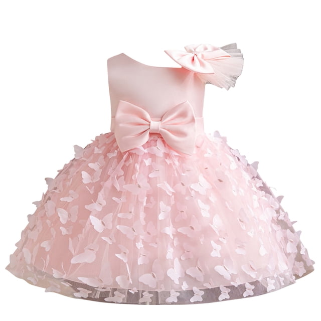 Huvoen Jolie Robe d'Été pour Filles Nouvelle d'Été Sans Manches à Volants en Dentelle Col Rond Broderie en Maille Jupe Princesse avec Nœud Roses 3 Ans