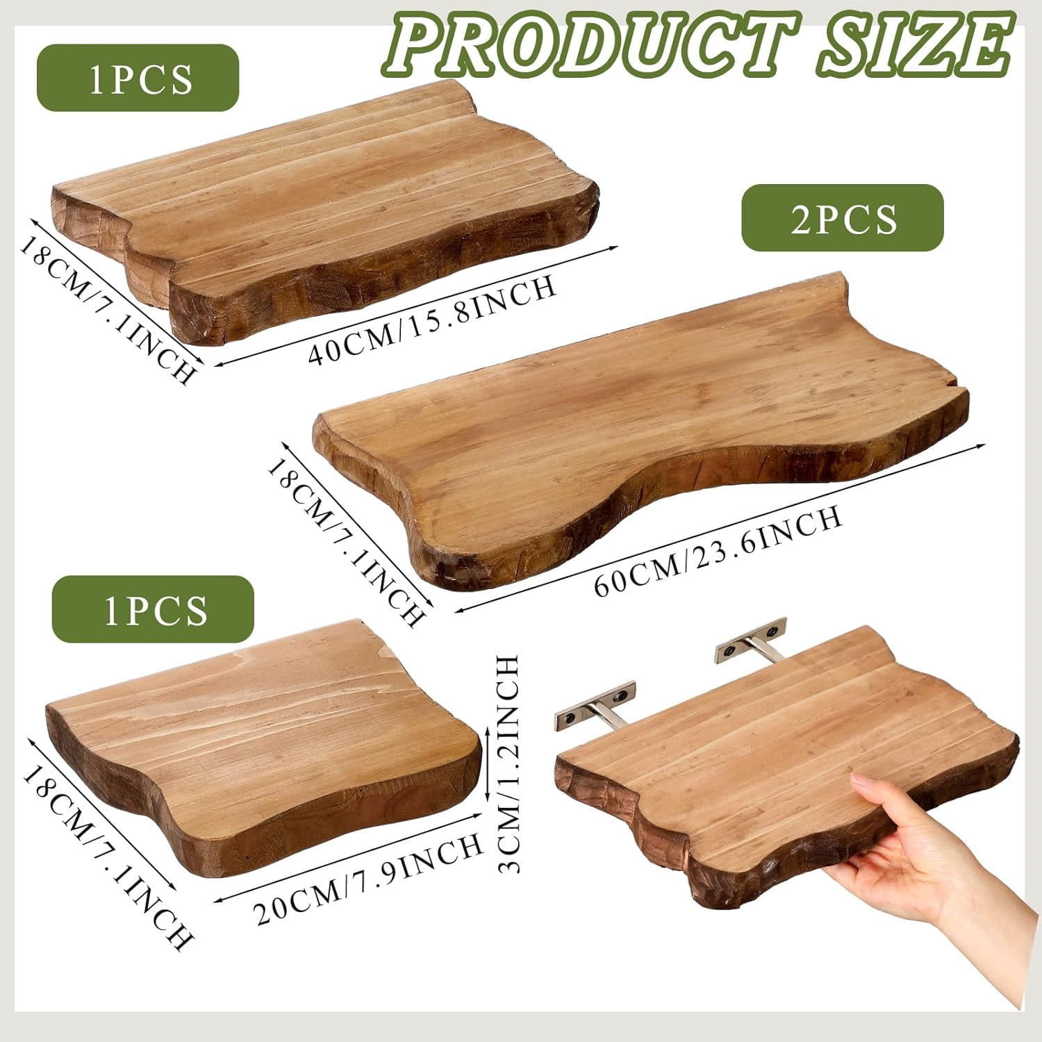 4 Pcs Floating Shelves for Wall Wooden Live Edge Shelf Wall-Mounted Natural Solid Wood Bedroom Kitchen Storage Living Room Nursery Decor(4 Pcs,11.81/15.7 Inch)
