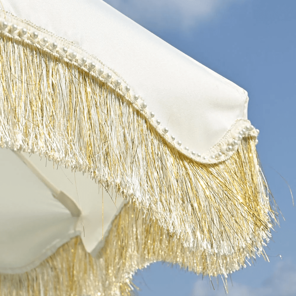 Jazz Age Fringe Umbrella Tilt Market Umbrella Beige Gold Glitter