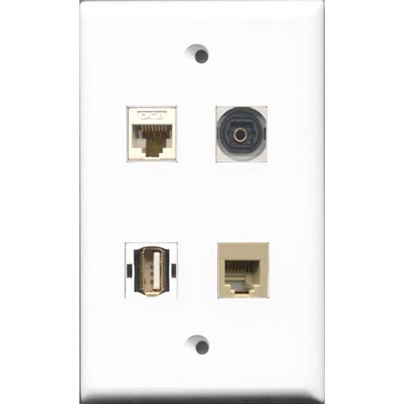 RiteAV 1 Port USB A-A and 1 Port Phone RJ11 RJ12 Beige and 1 Port Toslink and 1 Port Cat6 Ethernet White Wall Plate