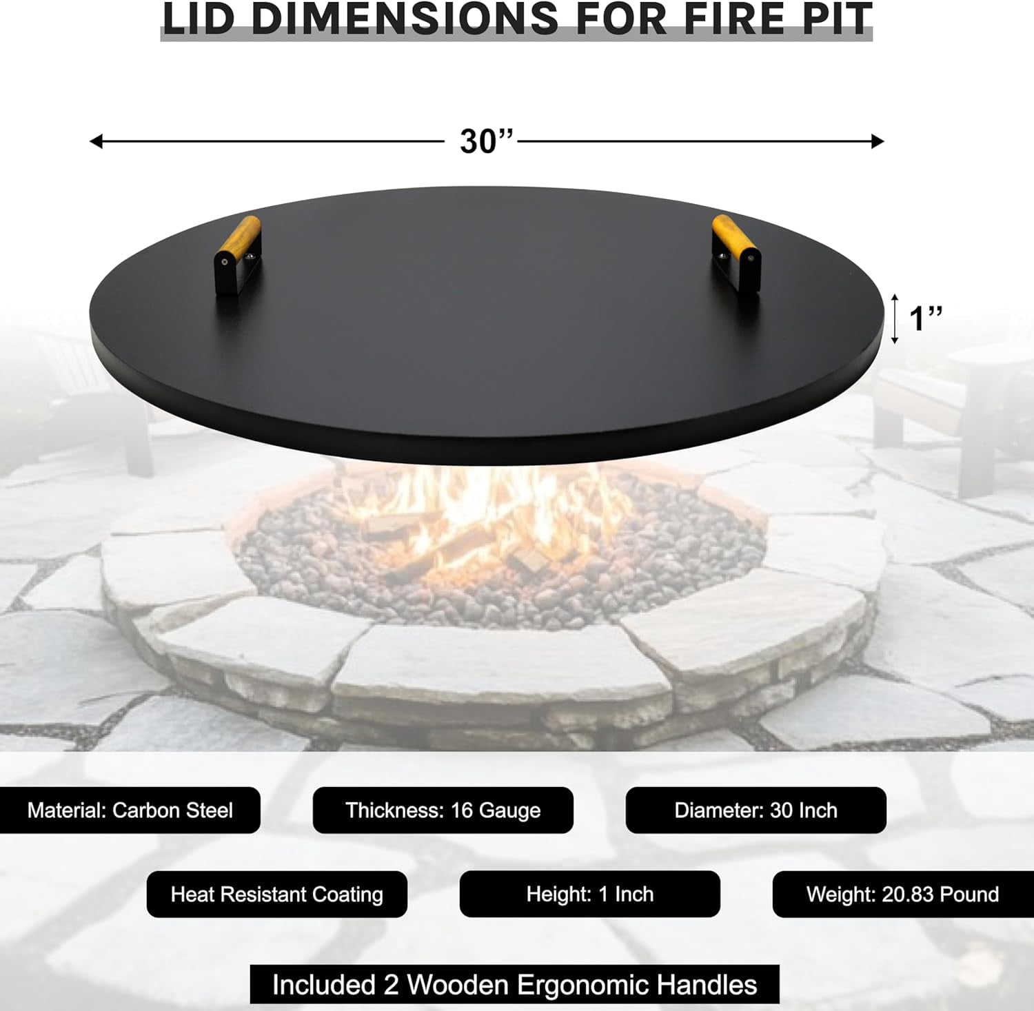 Febtech 30" Round Fire Pit Cover Heat Resistant Shield With Dual Wooden Handles Perfect for Fire Pit Inside Up to 28"