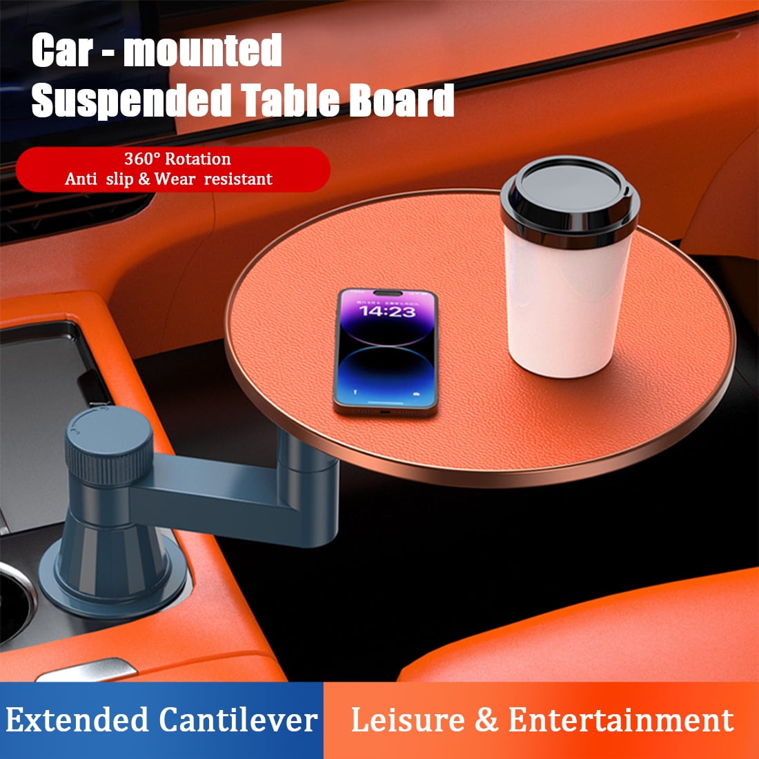 Rectangular Multifunctional Car Table for Rear Seat, Laptop Writing Board for Meals & Work, 360° Rotating Cantilever, Scratch-Resistant PU Leather Car Tray, Fits Most Car