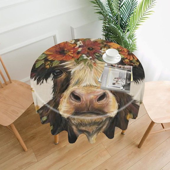 RKSupls 60 Inch Round Tablecloth, Cow Flower Crown Premium Polyester Straight Edge Wrinkle Resistant Washable Table Cover for Party Home Dining Decor
