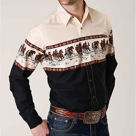 Mens Western Long Sleeve Shirts Casual Slim Button Down Dress Shirt Blouse Tops