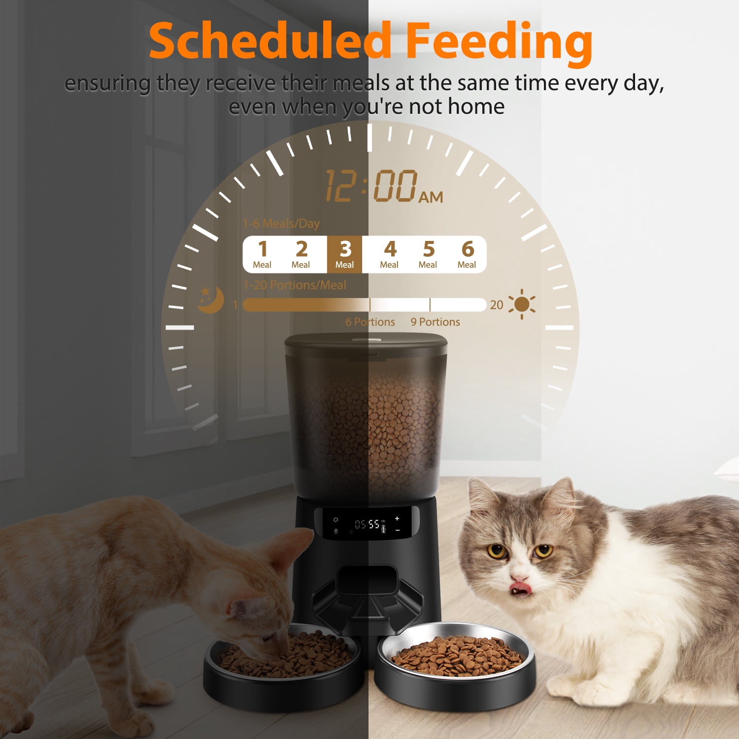 Automatic Cat Feeders for Two Cats, 5L/20 Cups Double Automatic Cat Food Dispenser with 2 Stainless Bowls, Timer Setting 20 Portions 6 Meals Per Day, 10s Meal Call, Pet Feeder for Cat