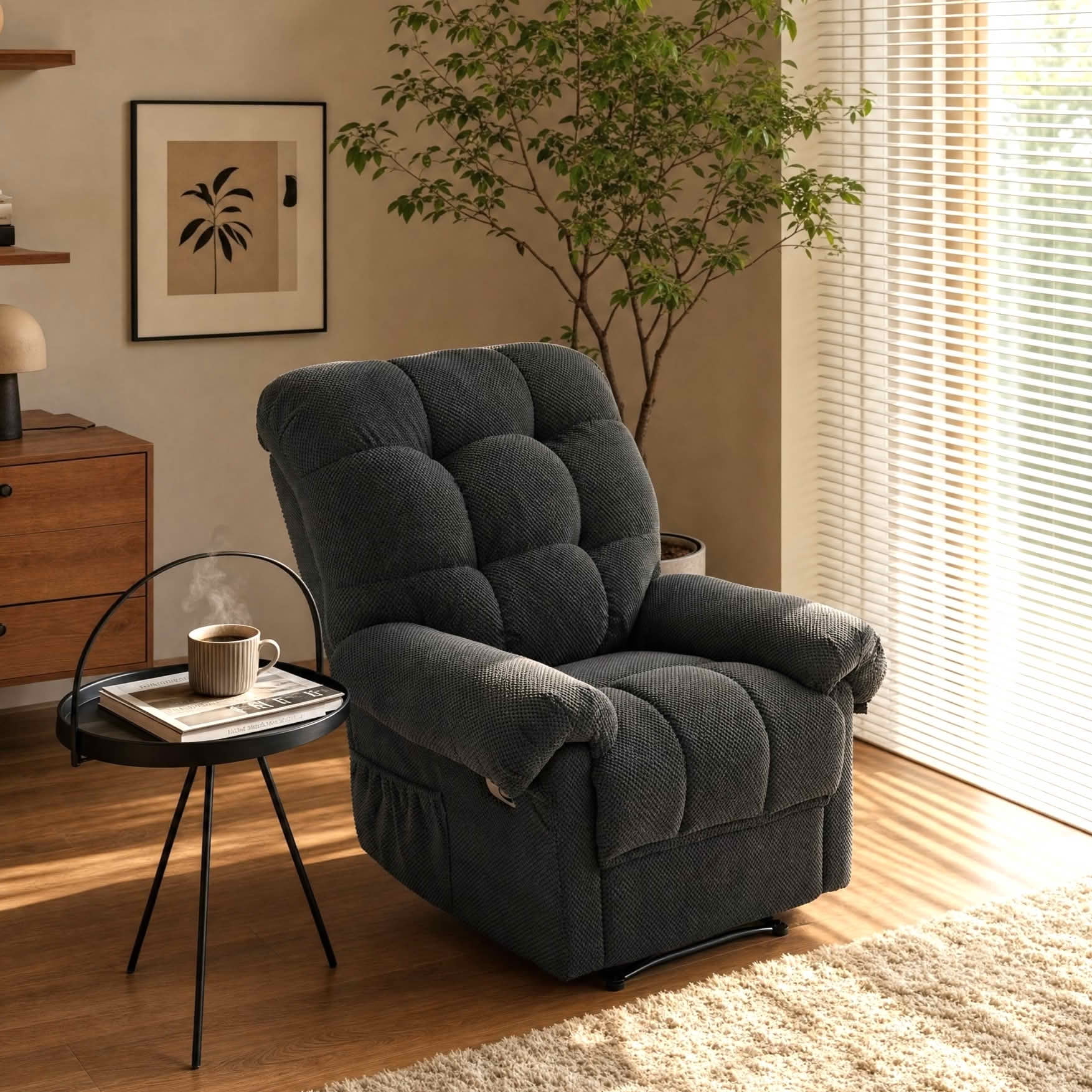 MAYEERTY 39 In Manual Recliner, Overstuffed Fabric Armchair, 160 Degree Recline, Dark Gray, 300 lb