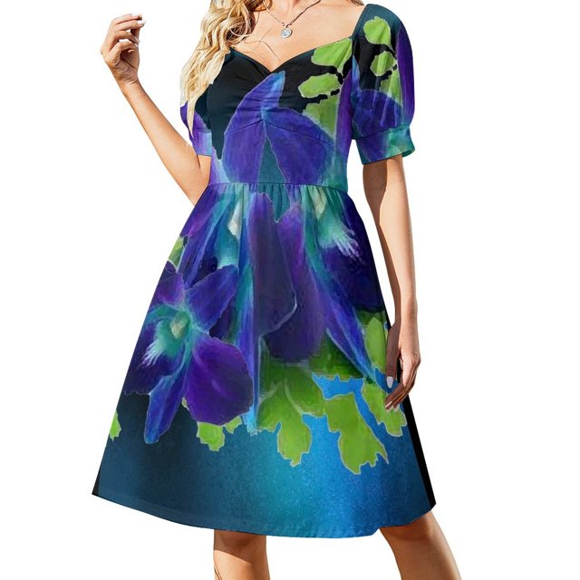 Vestido hawaiano de manga corta con orquídea azul y helecho Vestidos Vestido de noche de mujer Vestido