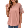 thumbnail image 1 of Camisa de manga corta para mujer, cuello redondo, manga corta de malla de encaje, Color puro, camisa holgada informal para mujer, Top para diario de verano, Rosa XL, 1 of 5
