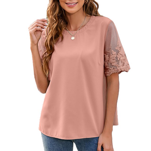 Camisa de manga corta para mujer, cuello redondo, manga corta de malla de encaje, Color puro, camisa holgada informal para mujer, Top para diario de verano, Rosa XL