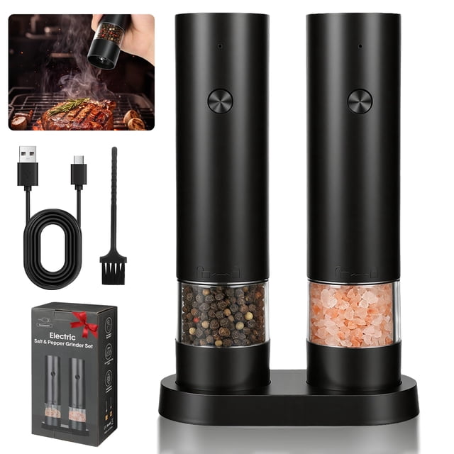 Juego de Molinillo Eléctrico de Sal y Pimienta, Tamaño de Molienda Ajustable, Recargable por USB, con luz LED, Salero y Pimentero Eléctrico de Gran Capacidad, 2 Paquet