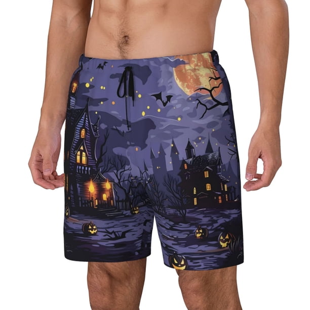 Balery Mystery House Halloween Night Bañador para hombre, shorts de playa de secado rápido con entrepierna y forro de compresión-Small