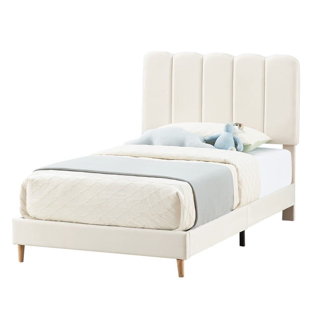 Yiwa Velvet Twin Platform Bed, Wave Headboard Upholstered Frame for Kids or Girls, No Box Spring Needed