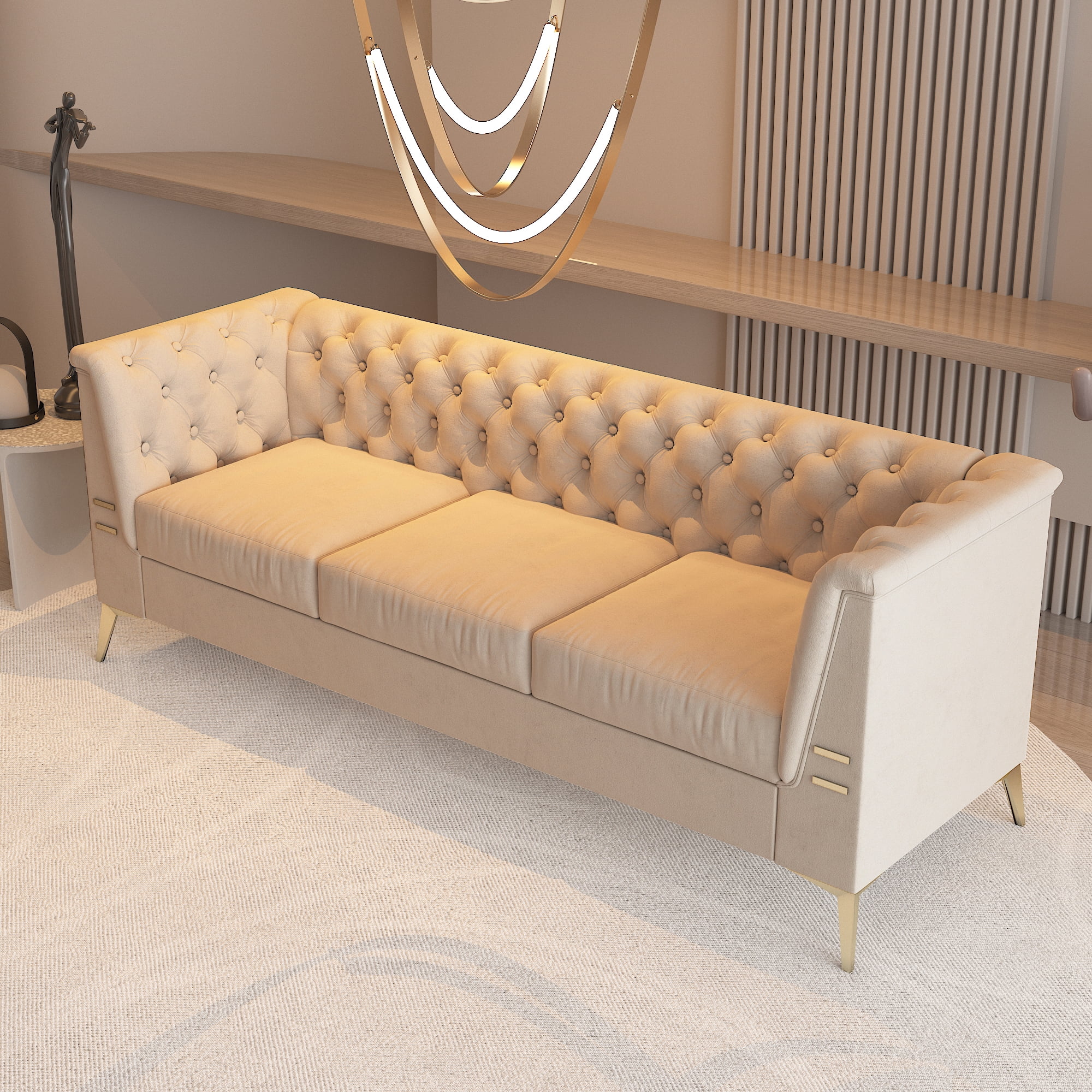 Resenkos 83" Mid-Century Modern Tufted Velvet Couch Extra-Deep Down-Filled Sofa in Khaki Resenkos 83" Mid-Century Modern Tufted Velvet Couch Extra-Deep Down-Filled Sofa in Khaki
