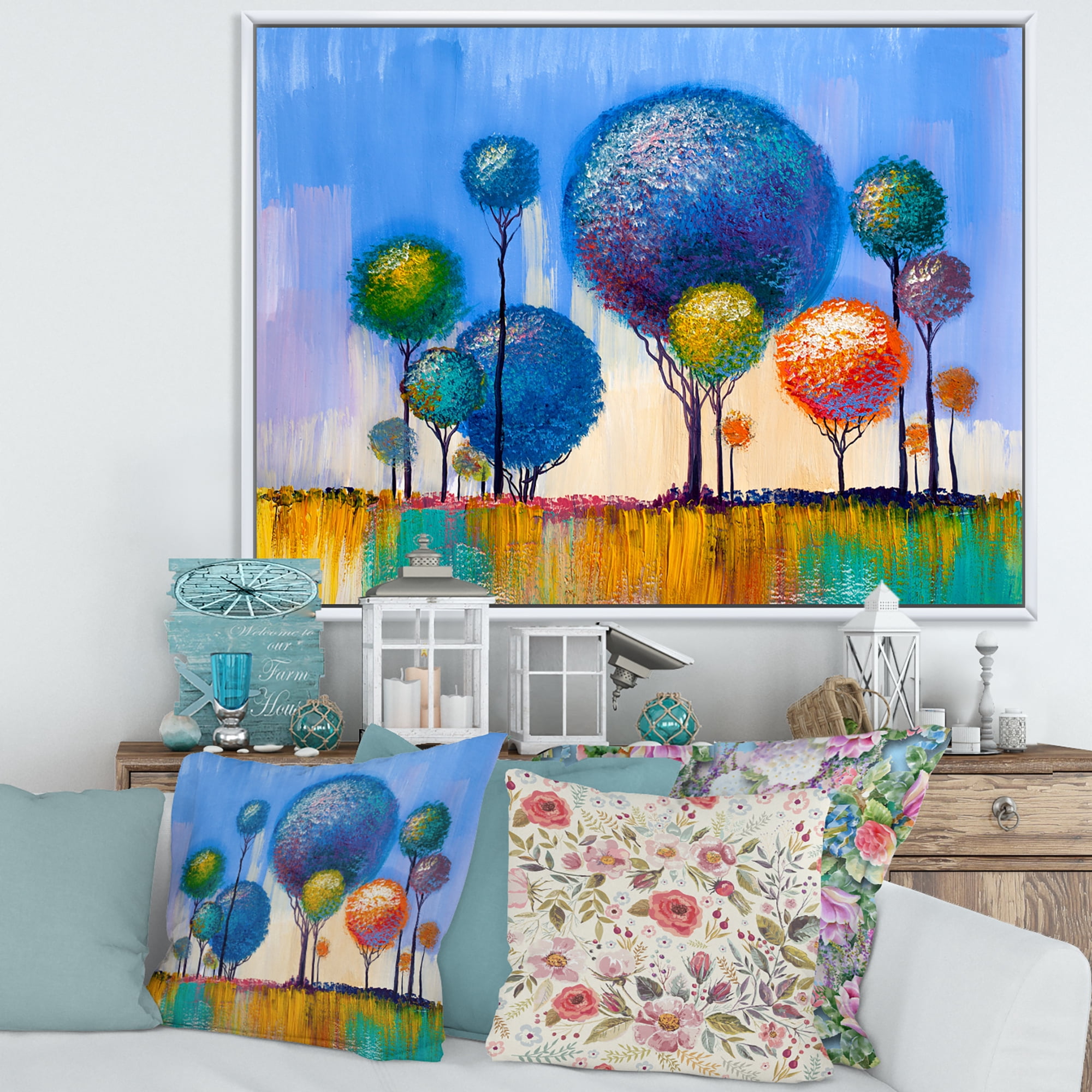 Designart 'Colourful Landscape Trees Impressionist I' Modern Framed Canvas Wall Art Print