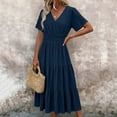 thumbnail image 3 of ZQUUVOU Women's V Neck Tiered Midi Dress Short Sleeve Elastic Waist Ruffle Hem Casual Flowy Sundress Summer Beach Outfits Dark Blue, 3 of 6