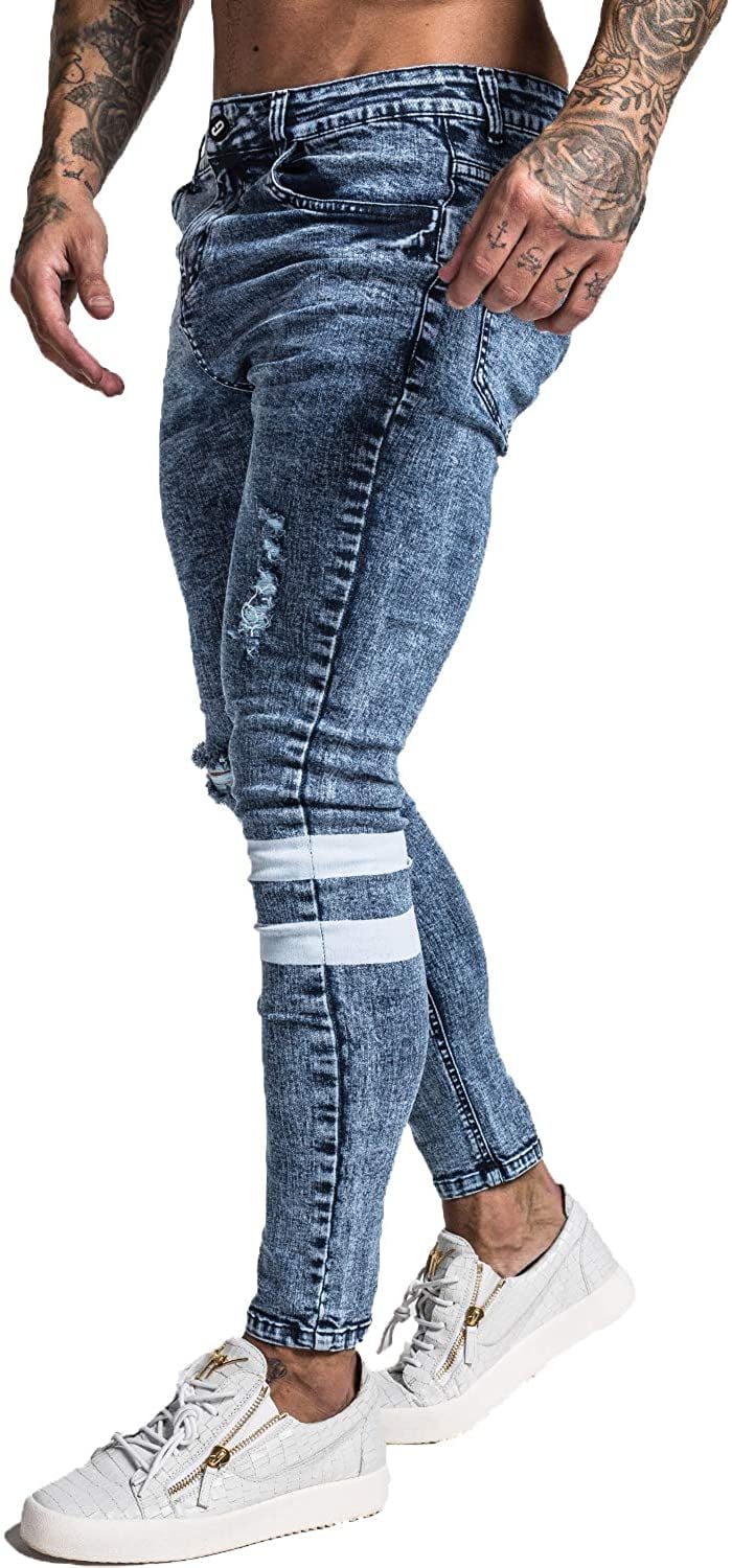 GINGTTO Mens Skinny Stretch Jeans Ripped Distressed Slim Fit Biker Denim Pants