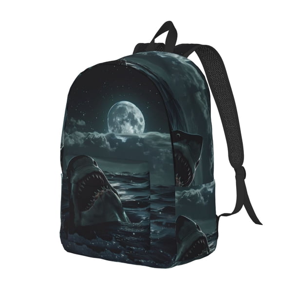 Balery Moonlit Night Sky Shark Mochila Clásica Impresa Básica para Viaje, Mochila Escolar Resistente al Agua, Mochila de Lona con Correas Ajustables-Medium