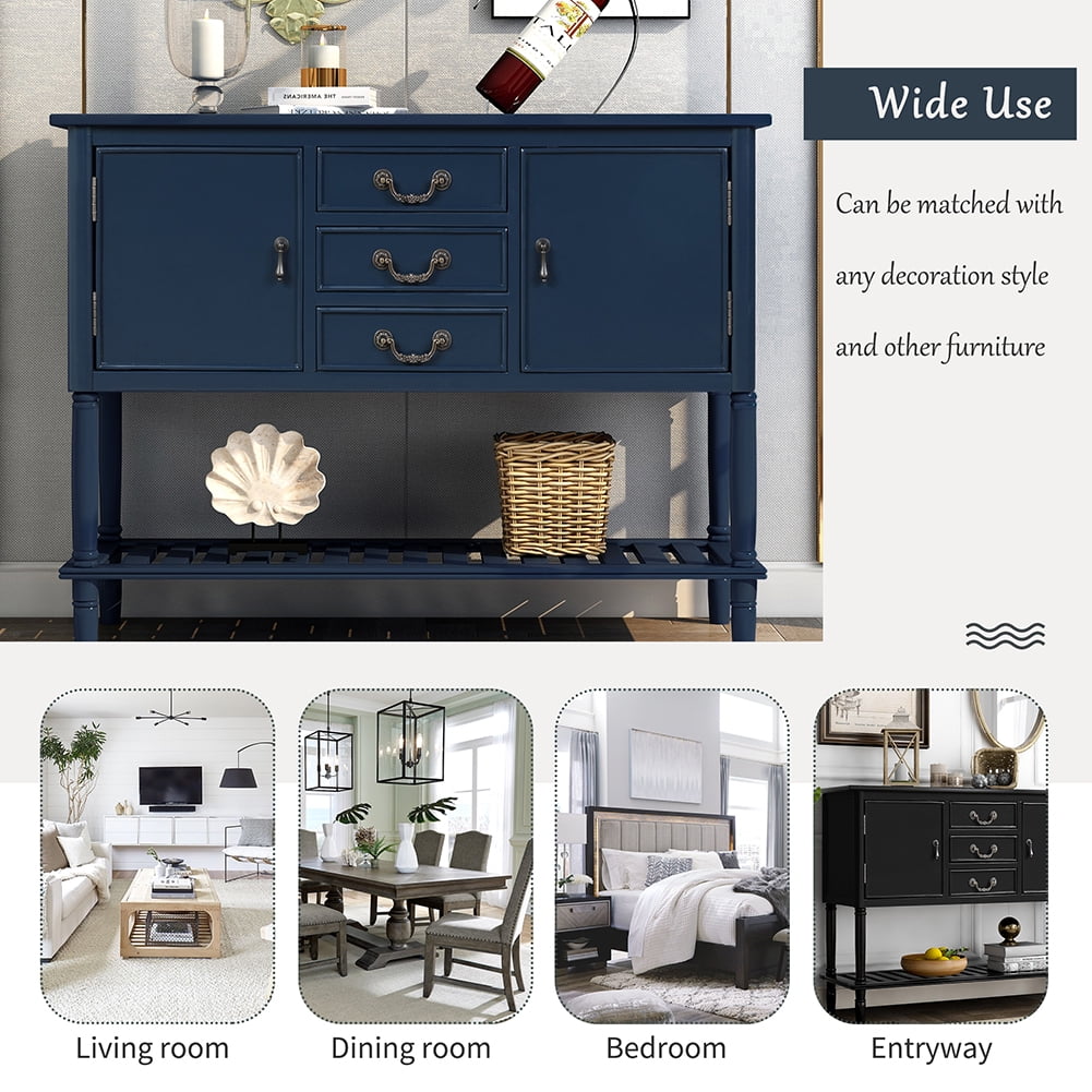 Lowestbest 45" Farmhouse Accent Entryway Table, Entry Table with 3 Drawers, 2 Cabinets and 1 Shelf (Navy Blue) Lowestbest 45" Farmhouse Accent Entryway Table, Entry Table with 3 Drawers, 2 Cabinets and 1 Shelf (Navy Blue)
