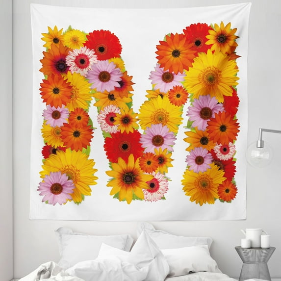 Letter M Tapestry, Flower Alphabet with Gerbera Daisies Natural World Written Language Summer Foliage, Fabric Wall Hanging Decor for Bedroom Living Room Dorm, 5 Sizes, Multicolor, by Ambesonne
