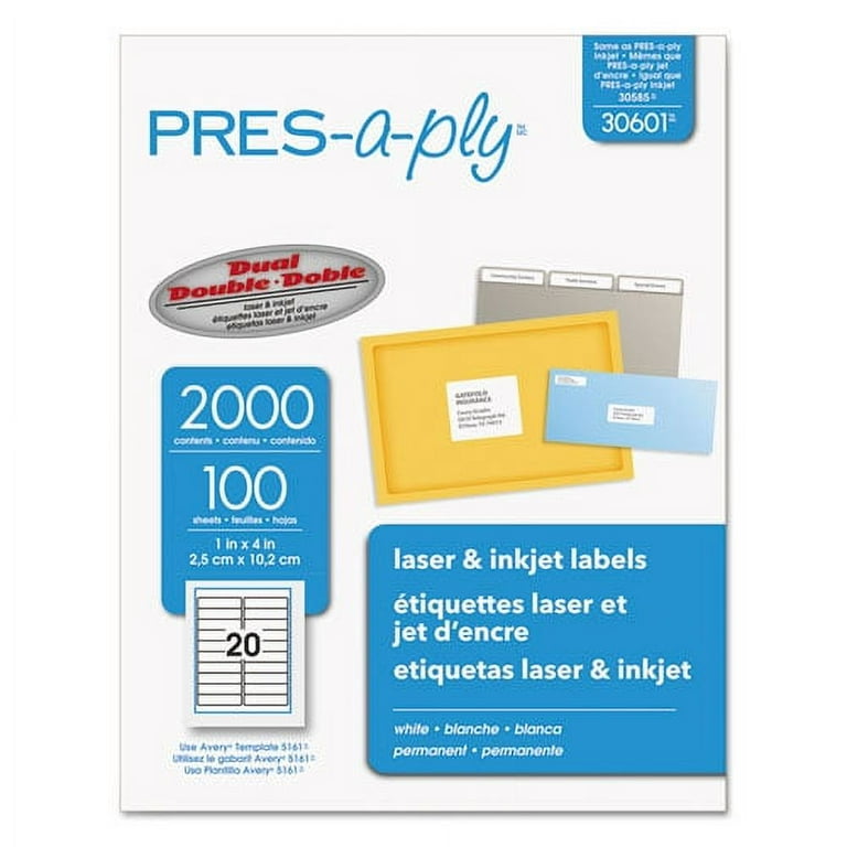 Labels, Laser Printers, 1 x 4, White, 20/Sheet, 100 Sheets/Box