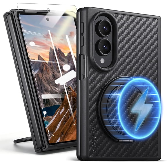 Dteck Case for Samsung Galaxy Z Fold 8 with Rotatable Ring Stand Front Screen Protector, Compatible with MagSafe, Magnetic Kickstand Slim Fit Bumper Cover,Carbon Fiber Black