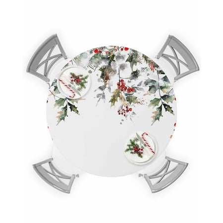 

Round Tablecloth with Elastic Christmas Winter Pine Leaves Pine Cones Red Berries Waterproof Table Cover Wipeable Fitted Table Cloths for 45 -54 Round Tables Dining Kitchen Indoor Outdoor Use