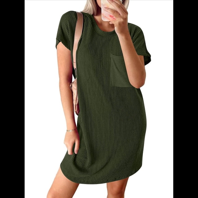 Vestido Mini Informal de Verano para Mujer, con Cuello Redondo, Corta y Canalé Verde M