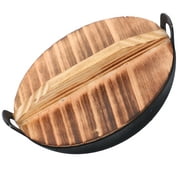Cast Wok with 2 Handle and Wooden Lid: Nonstick Deep Frying Pan for Authentic Asian Chinese Stir- Fry Grilling Frying Steaming 10.5cm