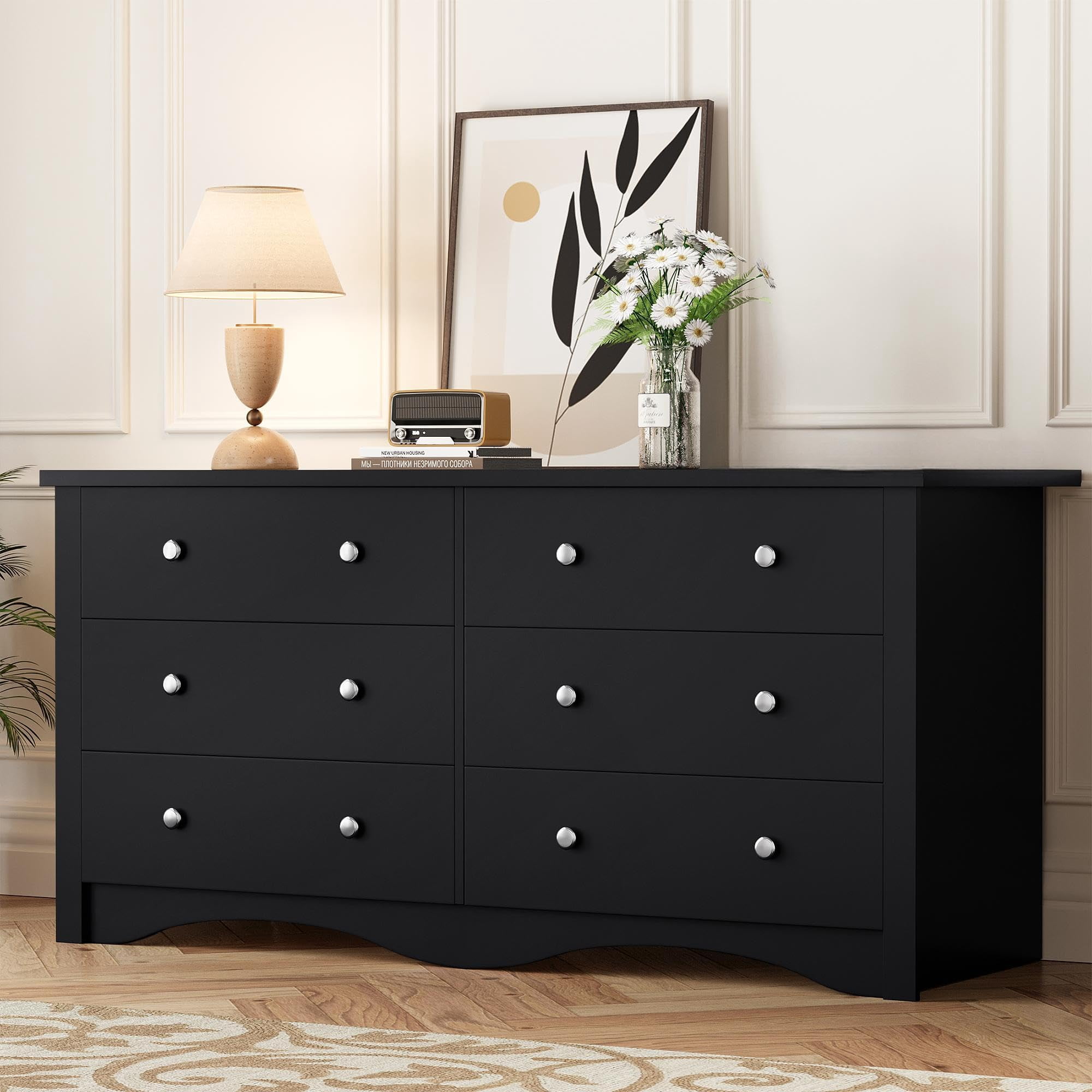 Bedroom Black Dresser with Silver Trim Accent, 2 Jewelry Drawers and 6 Storage Drawers