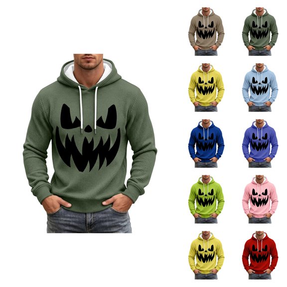 Halloween Hoodies for Men Long Sleeve Casual Funny Pumpkin Face Graphic Hoodie Waffle Pullover Sweatshirt