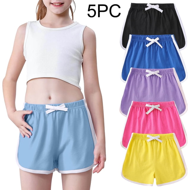 MKOSPLRT 5 Packs Girls Soccer Shorts Toddler Athletic Running Active Gym Workout Shorts Drawstring Waist Shorts with Pocket 12M-11Y