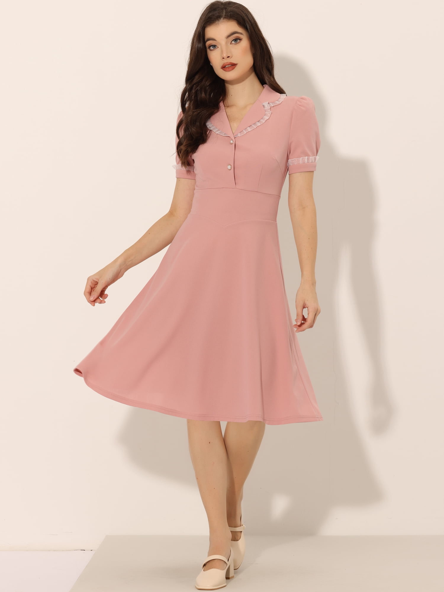 DARING DIVA Women's Vintage Puff Sleeve Peter Pan Collar Dress S Pink