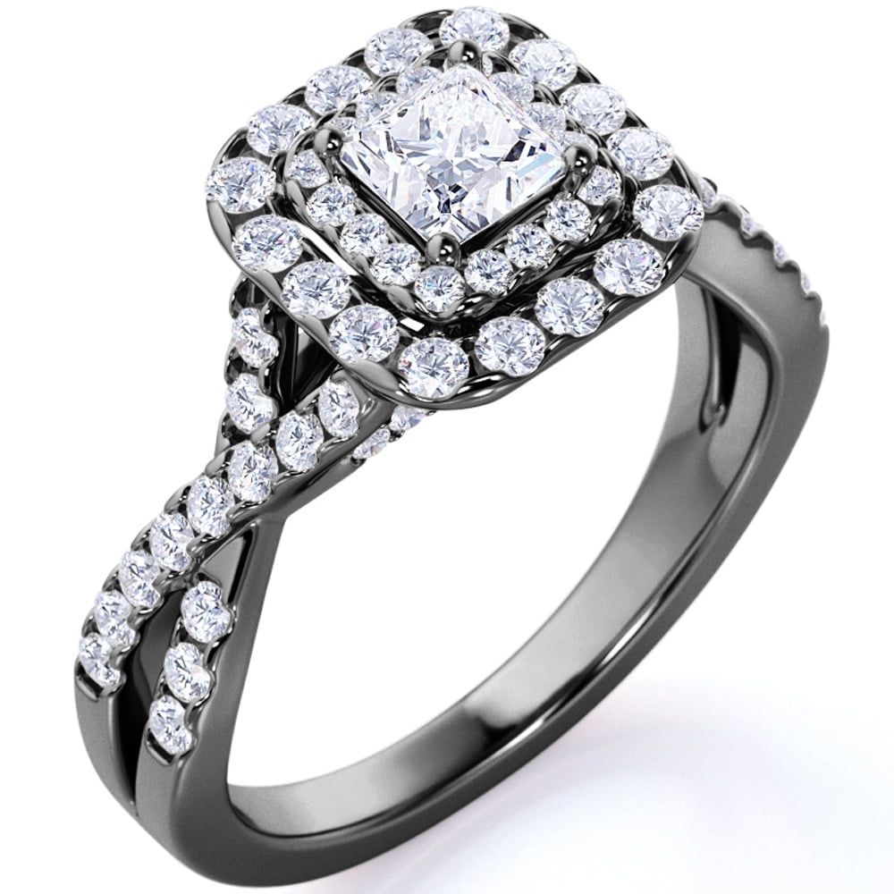 JeenMata Elegant 1 Carat - Square Cut Moissanite - Twisted Band - Pave - Double Halo Gothic Engagement Ring - 18K Black Gold over Silver