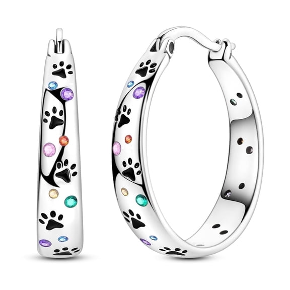 NARMO 925 Sterling Silver Cute Enamel Pawprint 22mm Hoop Huggie Earrings, Colorful 5A Zircon Hypoallergenic Women's Jewelry Gift for Her with Box