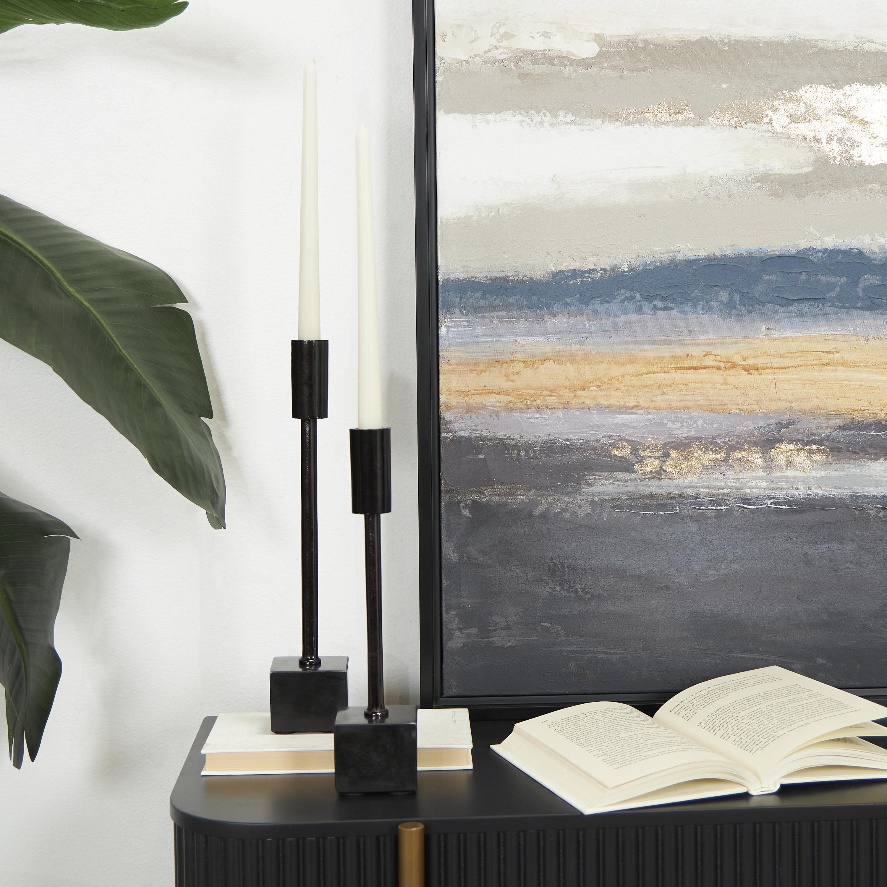 DecMode 2 Candle Black Aluminum Metal Slim Candle Holder with Block Bases, Set of 2